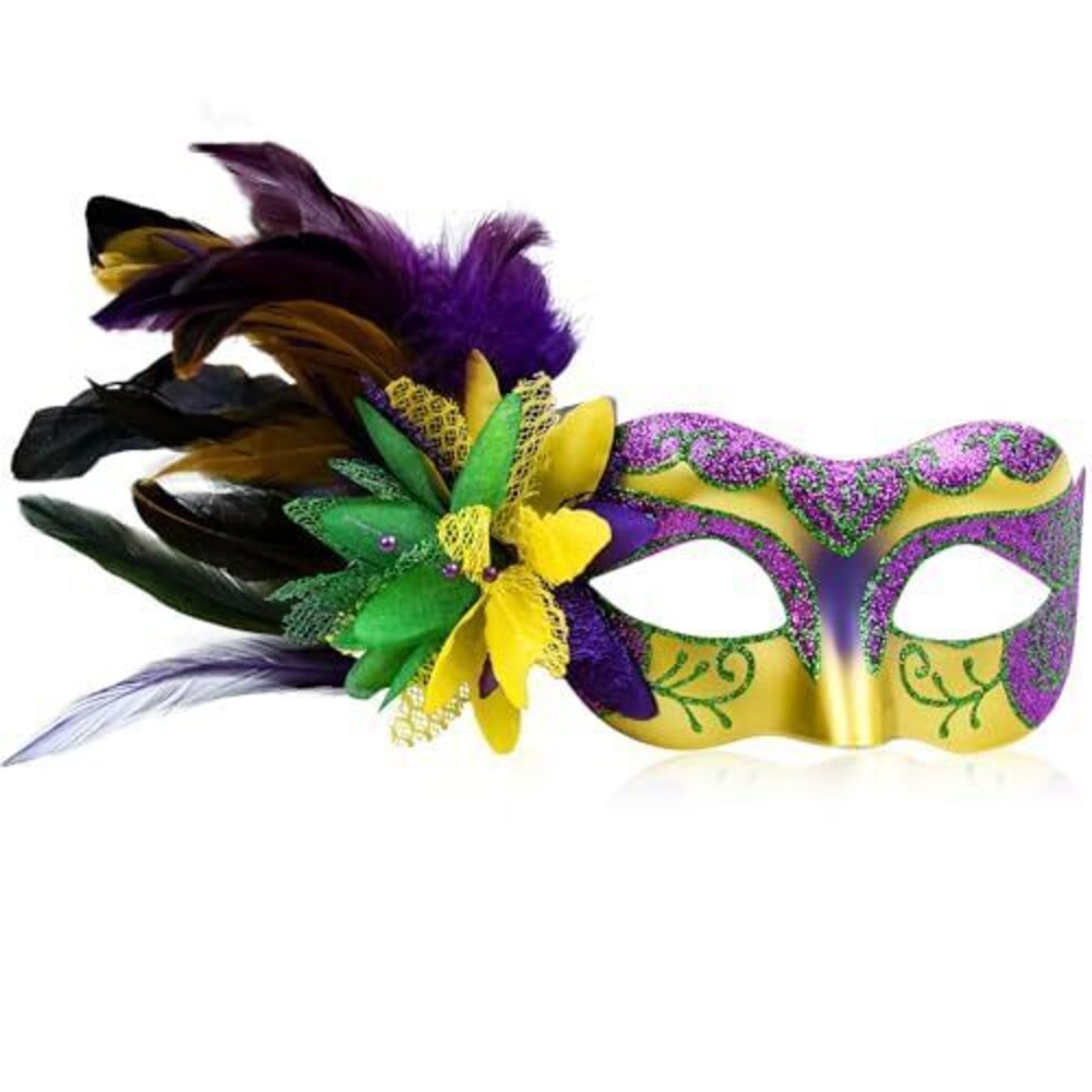 9437 1 PCS Mardi Gras Mask with Feathers, Gold Carnival Masquerade Mask